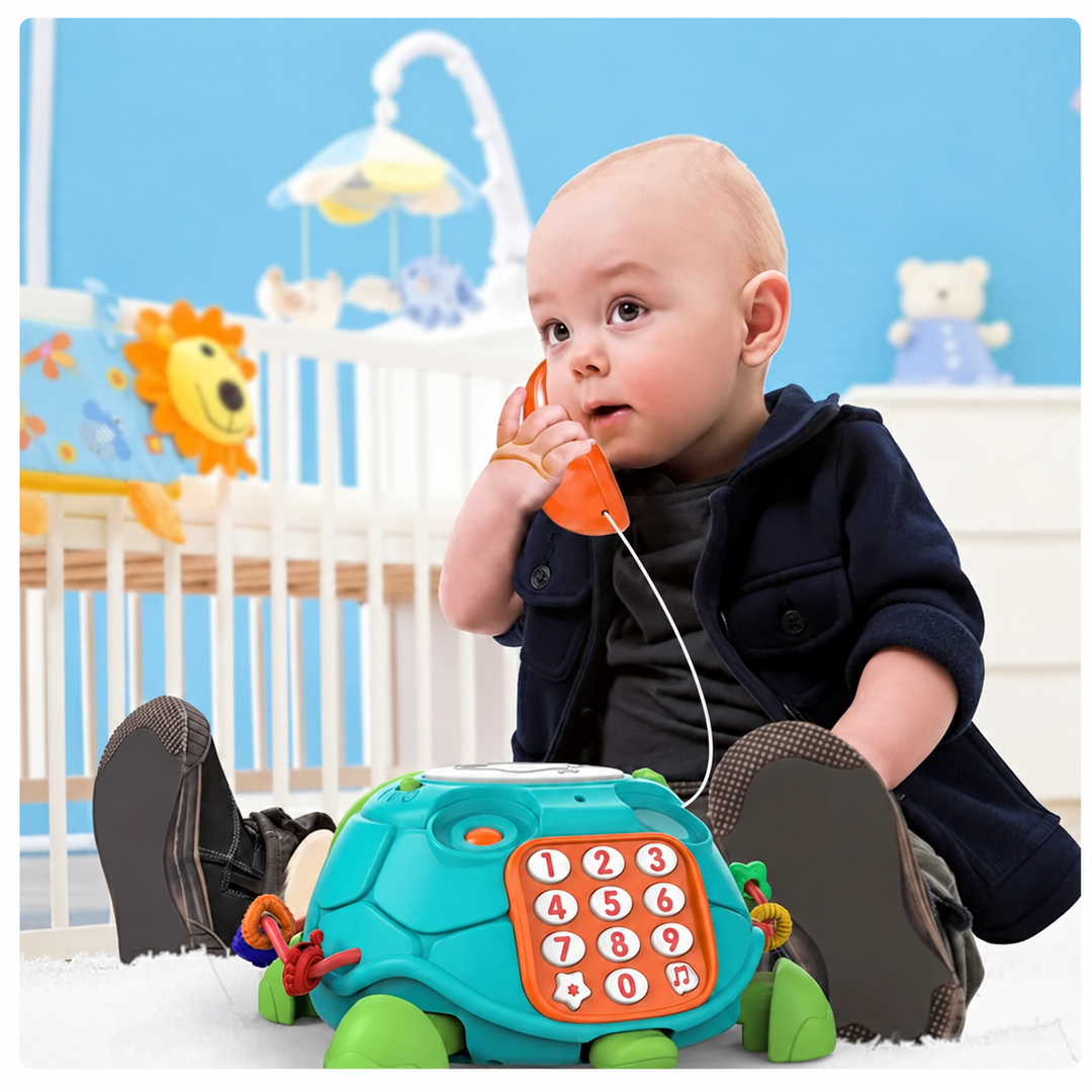 Baby holding the orange pretend phone handset attached to the turtle toy