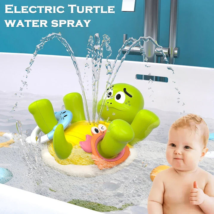 Turtle bath toy spraying water in a bathtub beside a child.