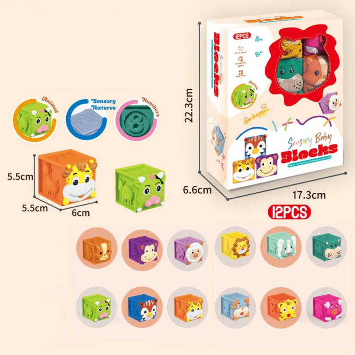 Package and dimension diagram for the 12-piece animal stacking block set