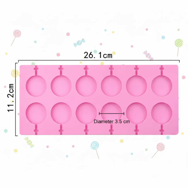 Twelve-cavity round mold measuring 26.1 x 11.2 cm, with 3.5 cm diameter cavities