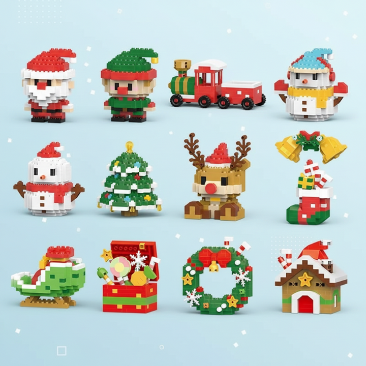 Twelve Christmas mini block designs including a wreath, house, candy chest and holiday characters