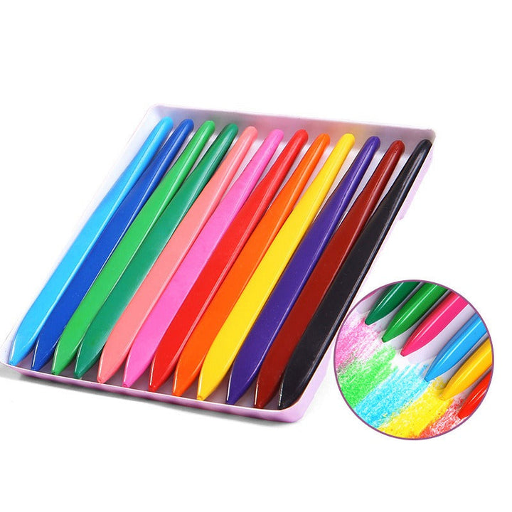 12 colorful crayons in an open tray with a close-up of colored marks