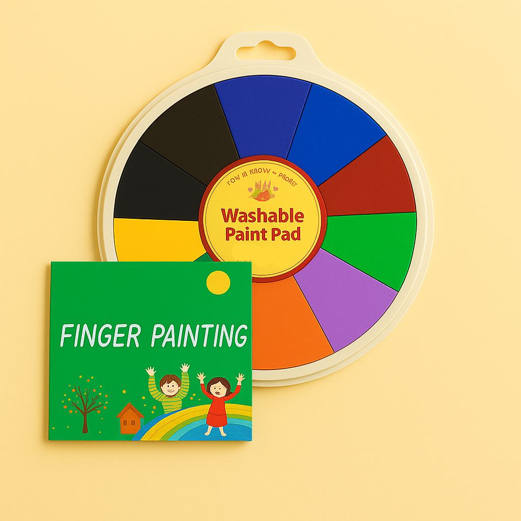 Twelve-color finger paint pad paired with a green activity book