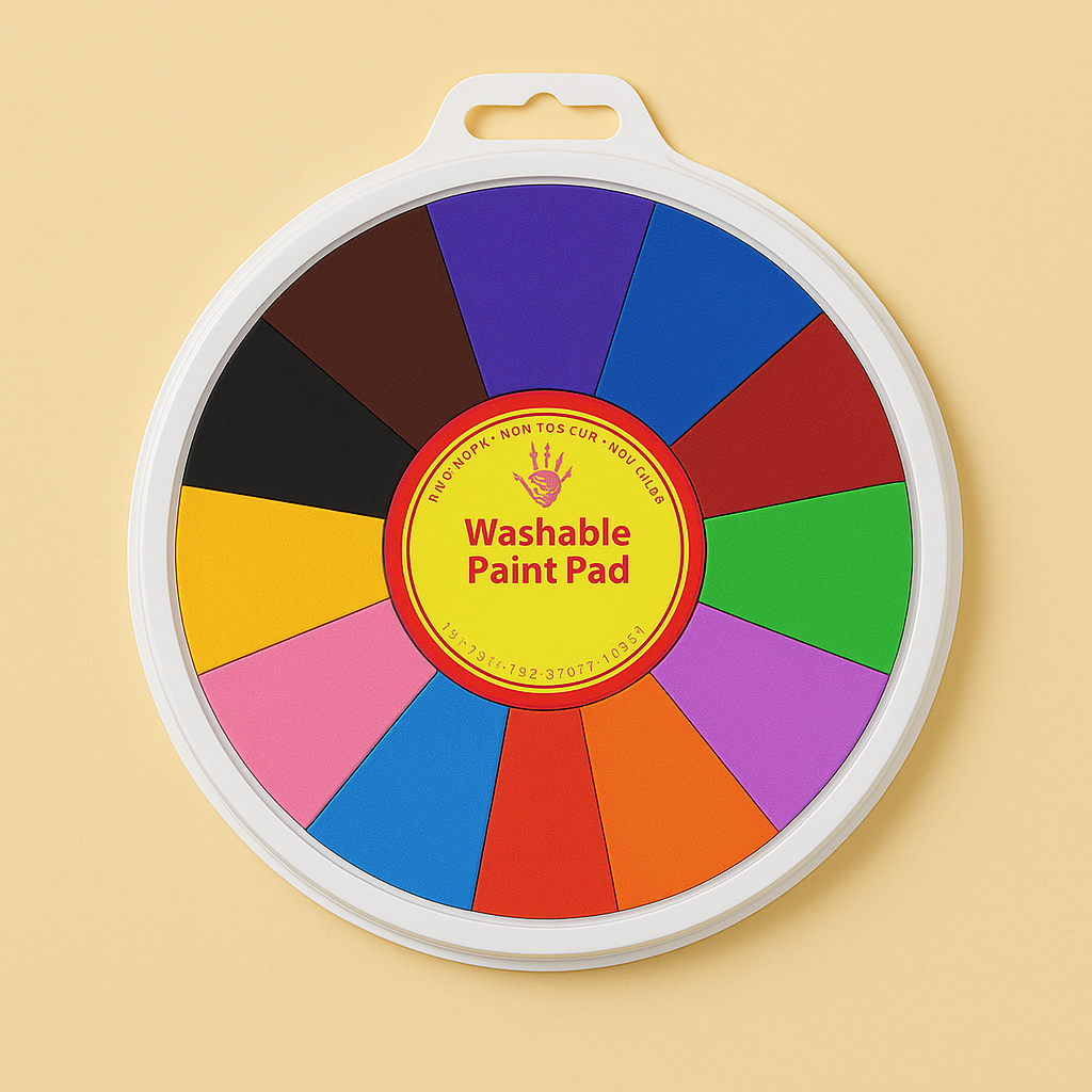 Round finger painting pad with twelve color sections in a white tray
