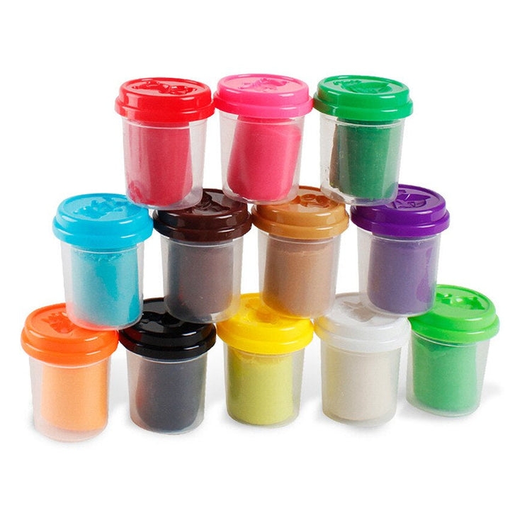 Twelve tubs of modeling clay in assorted colors
