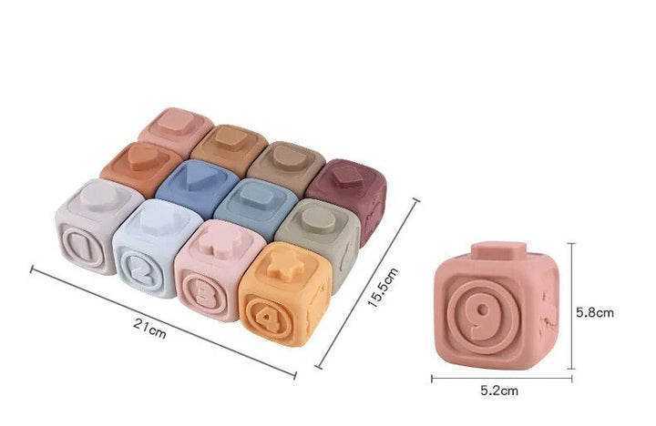 Measurement chart showing twelve cubes together and the width and height of one cube