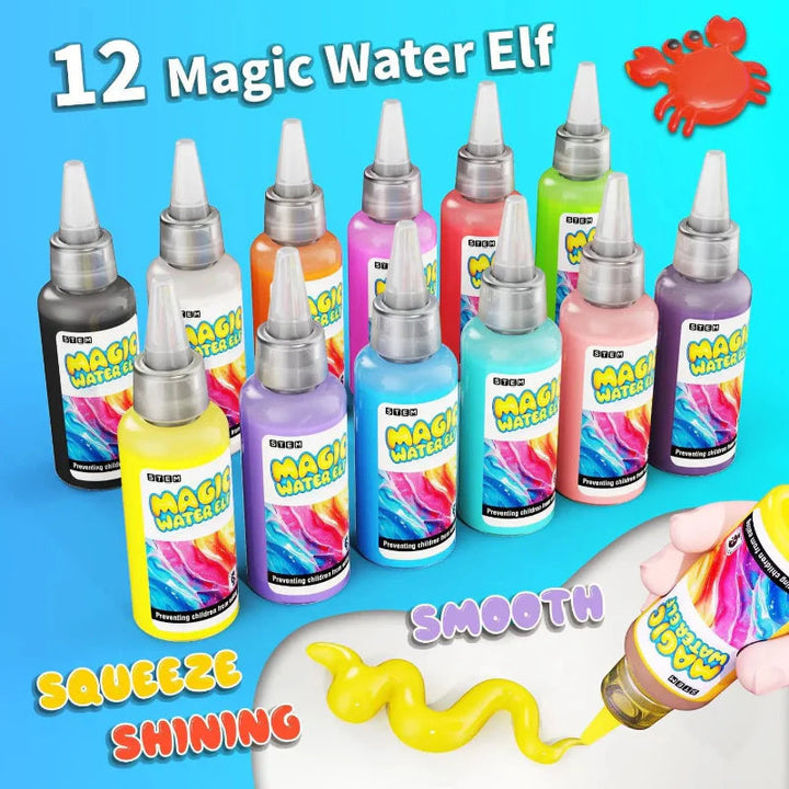 Twelve colored gel bottles with yellow gel squeezed from a nozzle