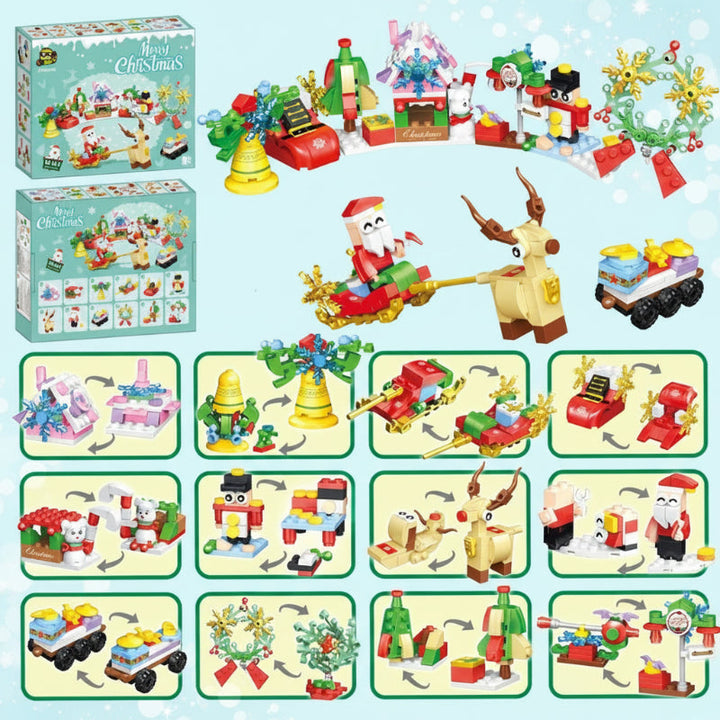 Christmas Party 12-in-1 building set showing holiday models and a sleigh with reindeer