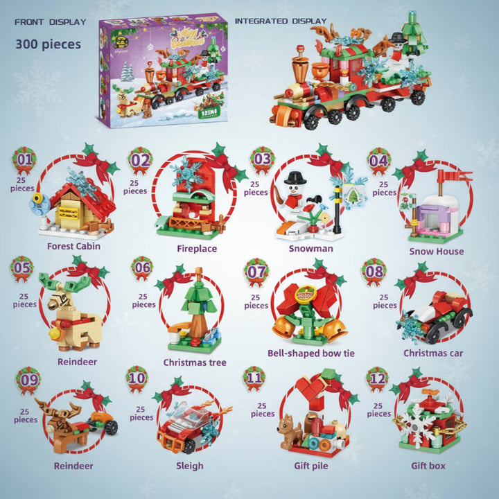 Christmas Train 12-in-1 building set showing 300 pieces and twelve small festive builds
