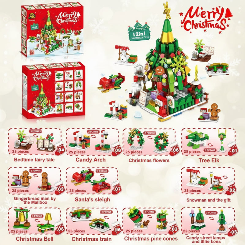 Christmas Tree 12-in-1 building set with a central tree display and twelve smaller designs