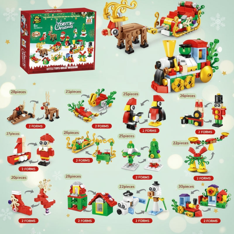 Sleigh and train 12-in-1 building set showing alternate festive models