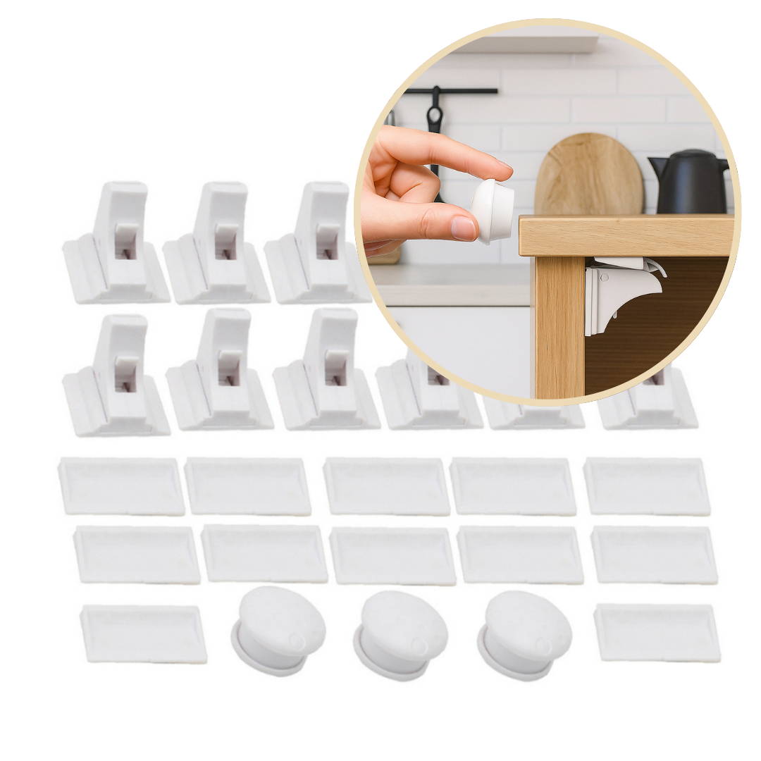 Twelve-lock set with three magnetic keys and an inset showing cabinet installation