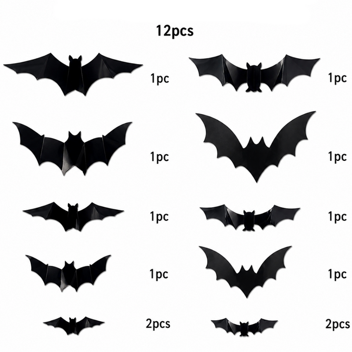 12-piece black bat assortment showing different wing shapes and quantities