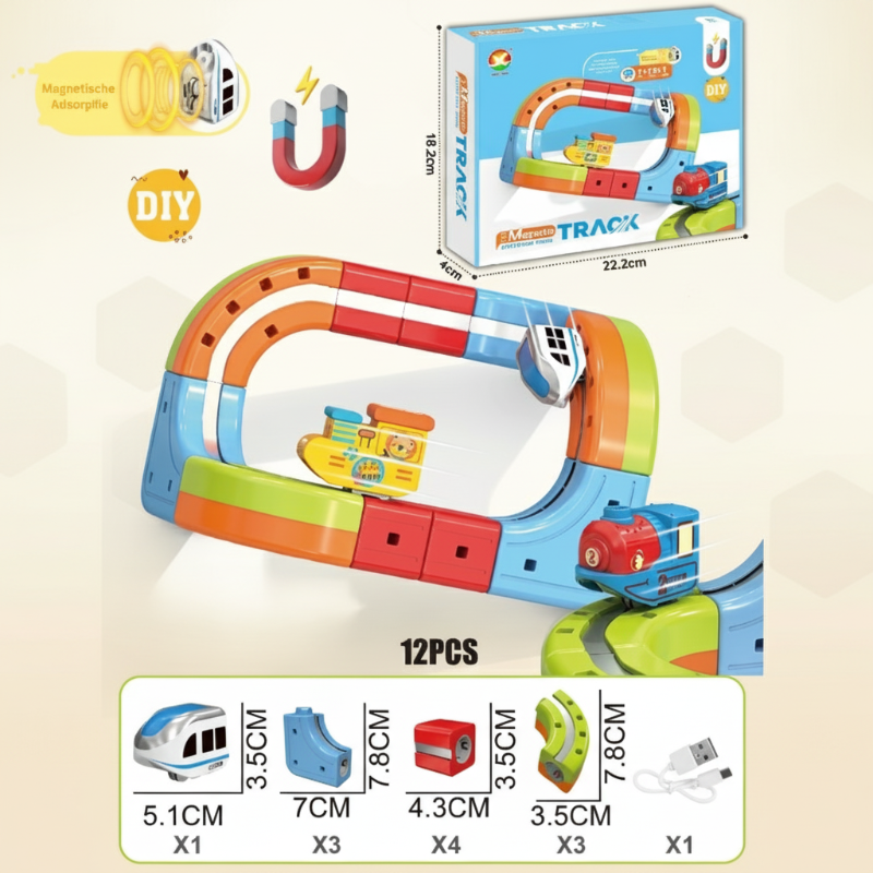12-piece train building set with an oval track layout and illustrated component sizes