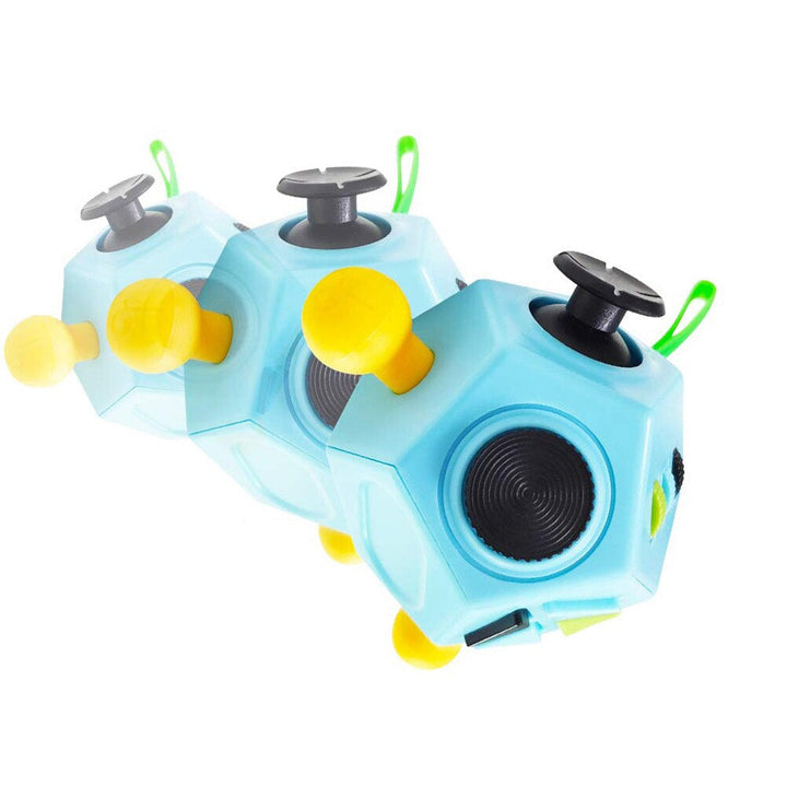 Three views of a light blue fidget cube showing its black joystick, side controls and green loop