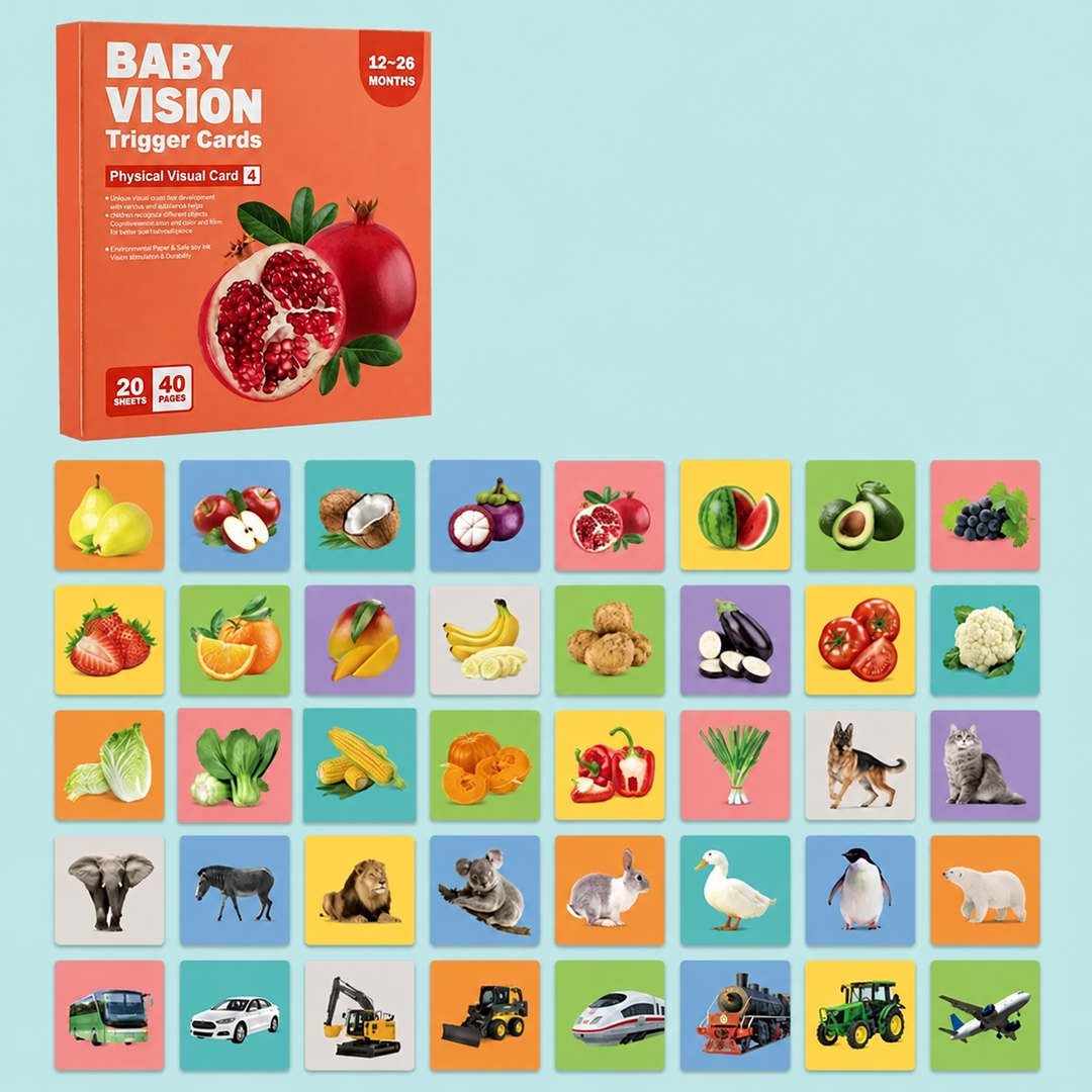 12–36 month picture cards with photos of fruit, vegetables, animals, and vehicles