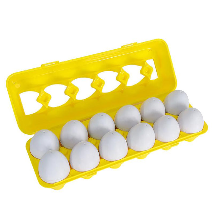 Open yellow storage carton holding twelve white matching eggs