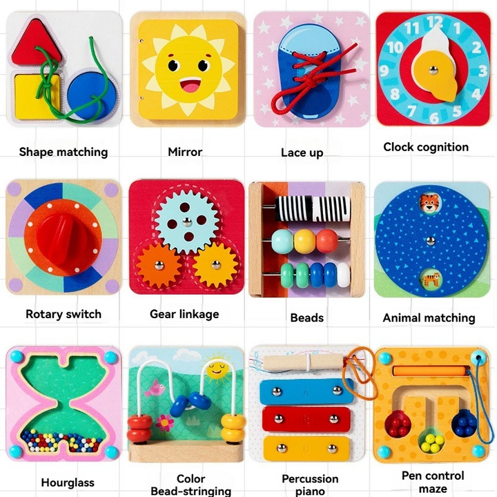 Twelve busy board activity designs, including shape matching, gears, a clock, beads, and a mirror.