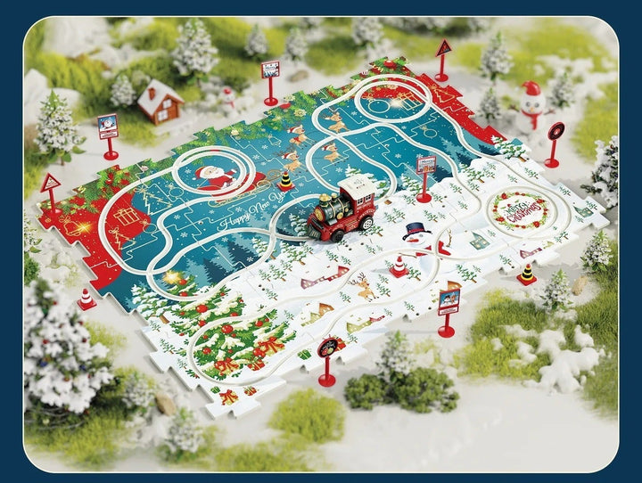 25-piece Christmas train puzzle set with a large illustrated track layout and signs