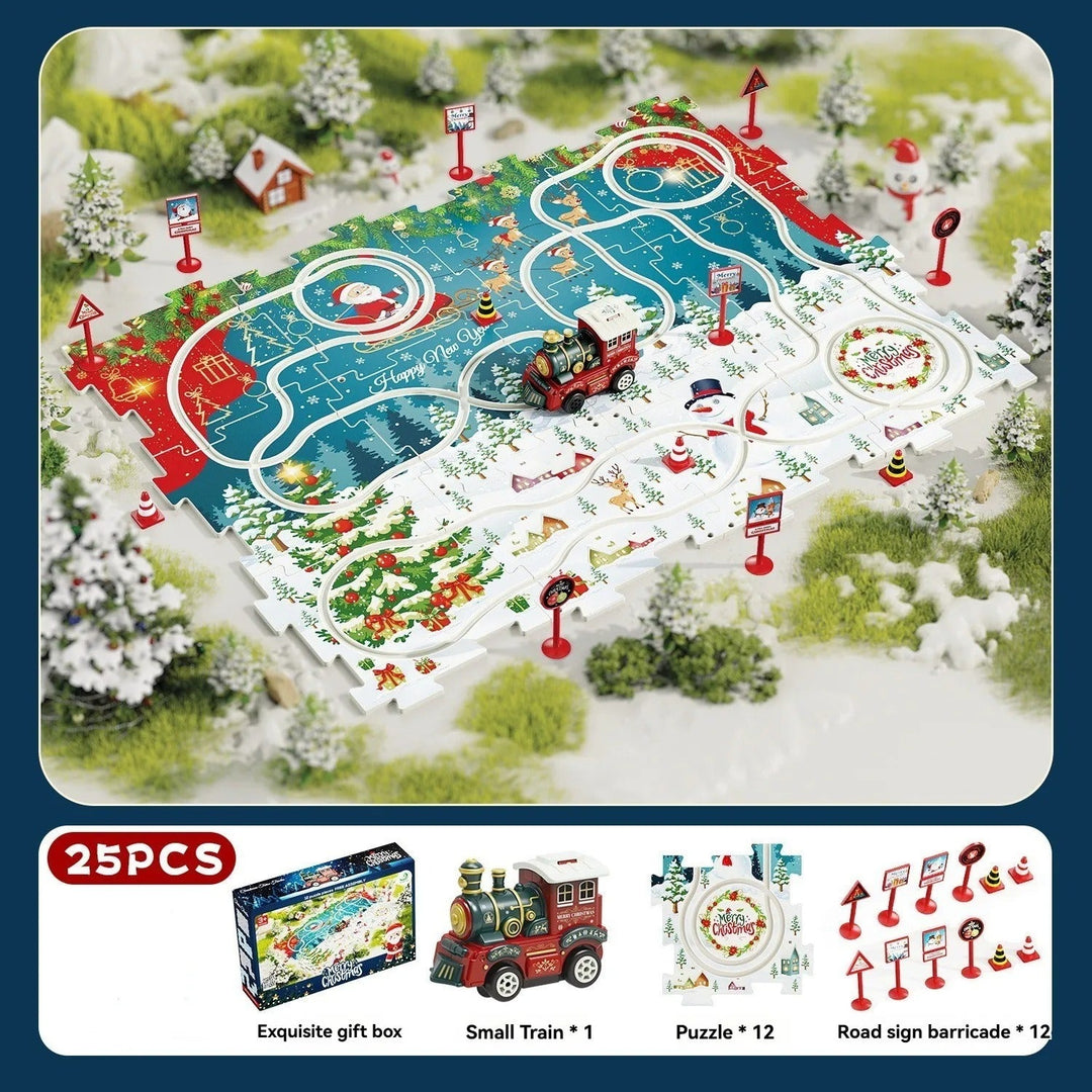 25-piece set showing 1 train, 12 puzzle tiles, 12 sign and barrier accessories, and a gift box