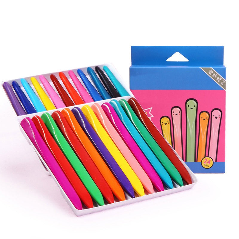24-color crayon set in two open trays beside its box