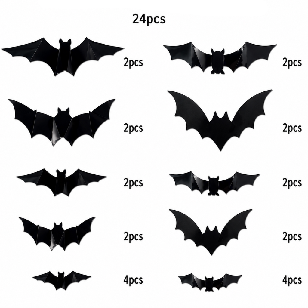 24-piece black bat assortment showing different wing shapes and quantities