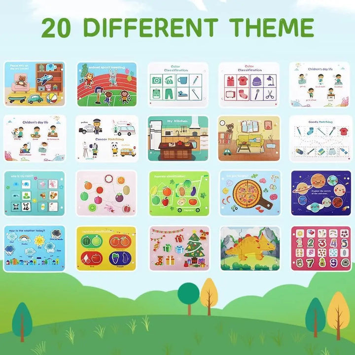 Overview of 20 activity themes featuring everyday routines, shapes, food, animals, and numbers
