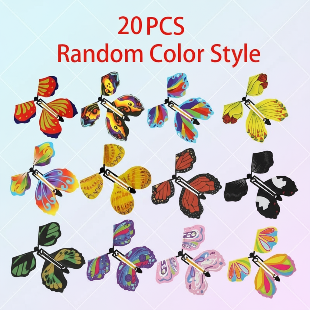 Butterfly toy assortment with text noting 20 pieces in random colors and styles
