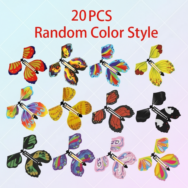 Butterfly toy assortment with text noting 20 pieces in random colors and styles