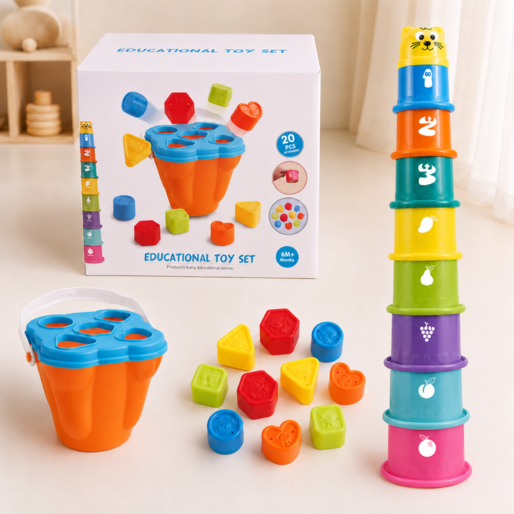 20-piece stacking cup and shape sorting set with its box, colorful tower, container, and blocks
