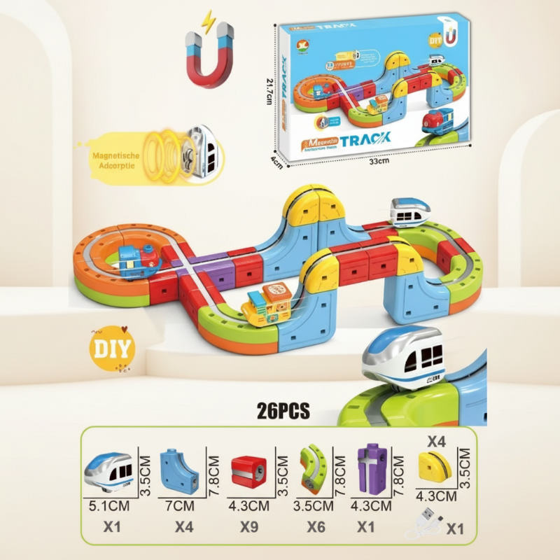 26-piece train building set with curves, raised track sections, and a parts guide