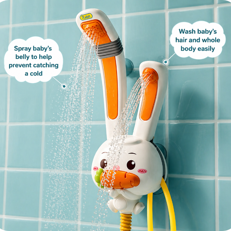 Rabbit bath shower with both ear sprayers running against a tiled wall
