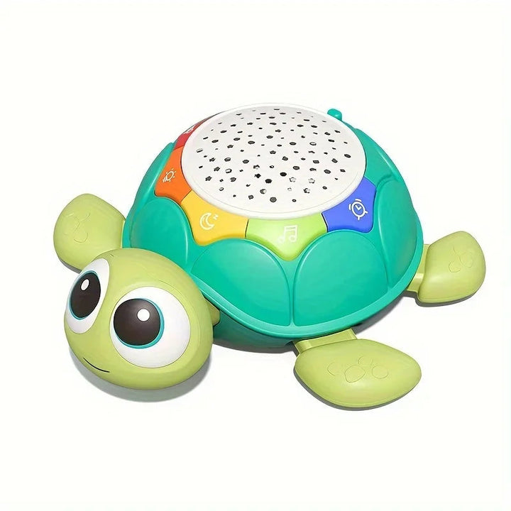 Green and teal turtle crawling toy with colorful buttons and a perforated white projection dome