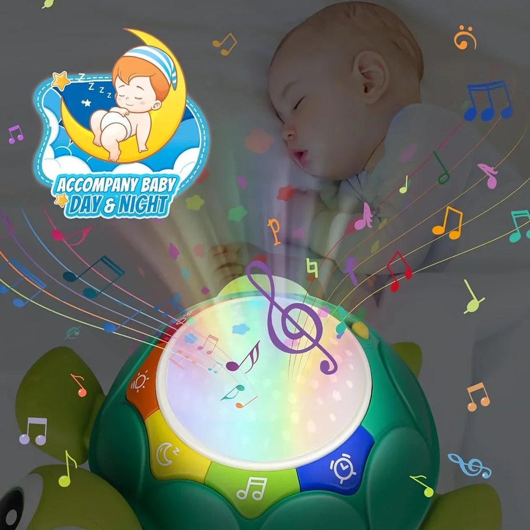 Glowing turtle projection toy shown with a sleeping baby and illustrated music notes