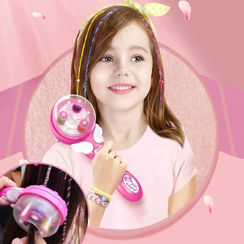 Child holding a pink hair braider beside colorful decorated braids