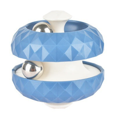 Blue fidget ball with a white center and silver-colored balls in curved tracks.