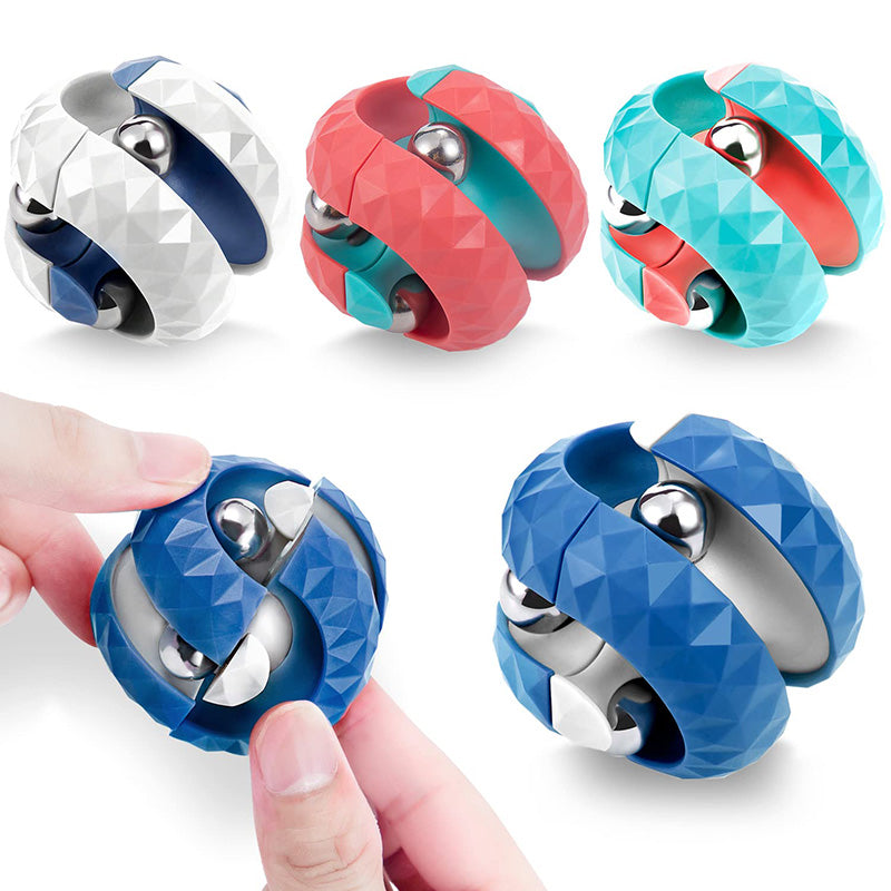 Fidget balls in several colors, with a blue version held between fingertips.
