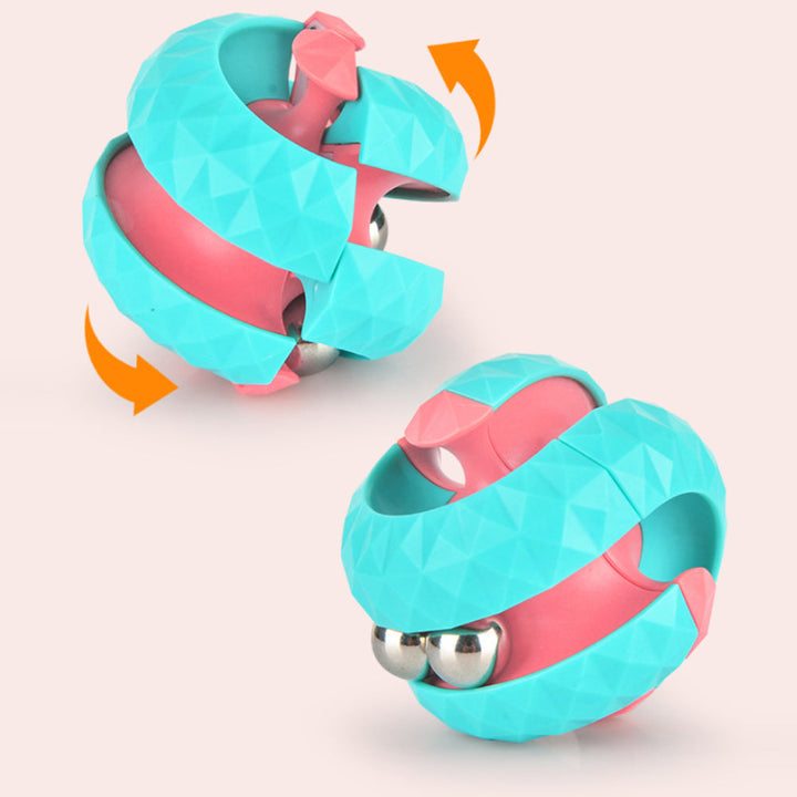 Turquoise and pink fidget ball showing how the curved sections turn.