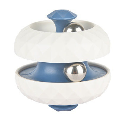 White fidget ball with a blue center, faceted bands, and silver-colored balls.