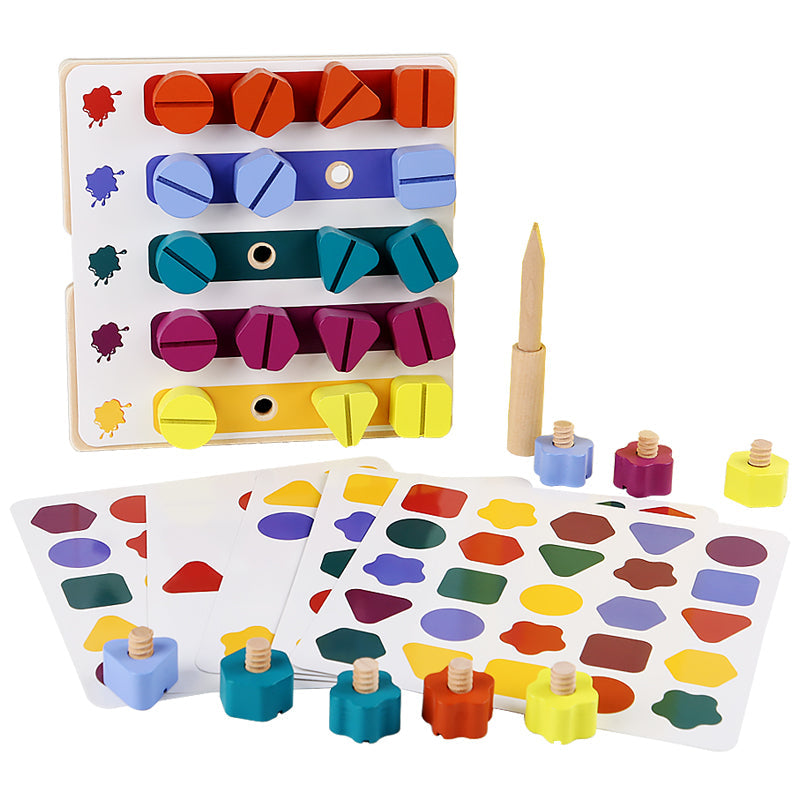 Wooden activity board with colorful shape screws, pattern cards, and a wooden screwdriver
