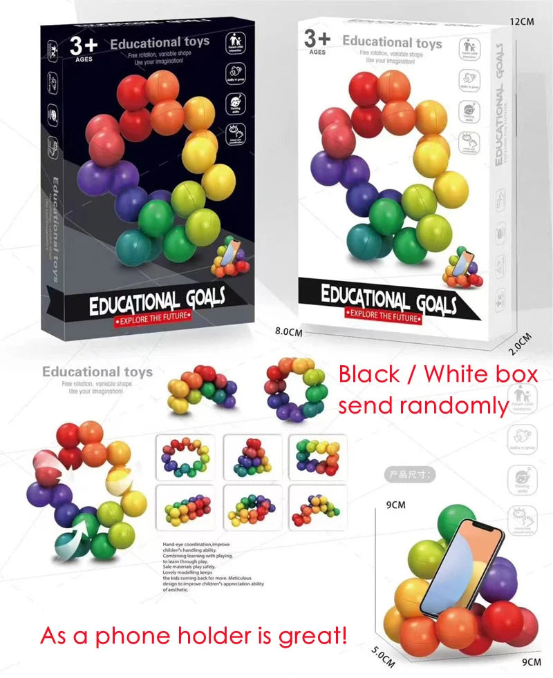 Black and white puzzle boxes with shape examples and a phone resting on a folded ball arrangement