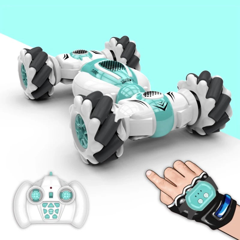 White and teal remote control car with roller wheels, a handheld remote, and a wrist-worn gesture controller