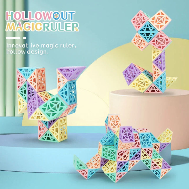 Three colorful animal and geometric builds made from hollow plastic segments