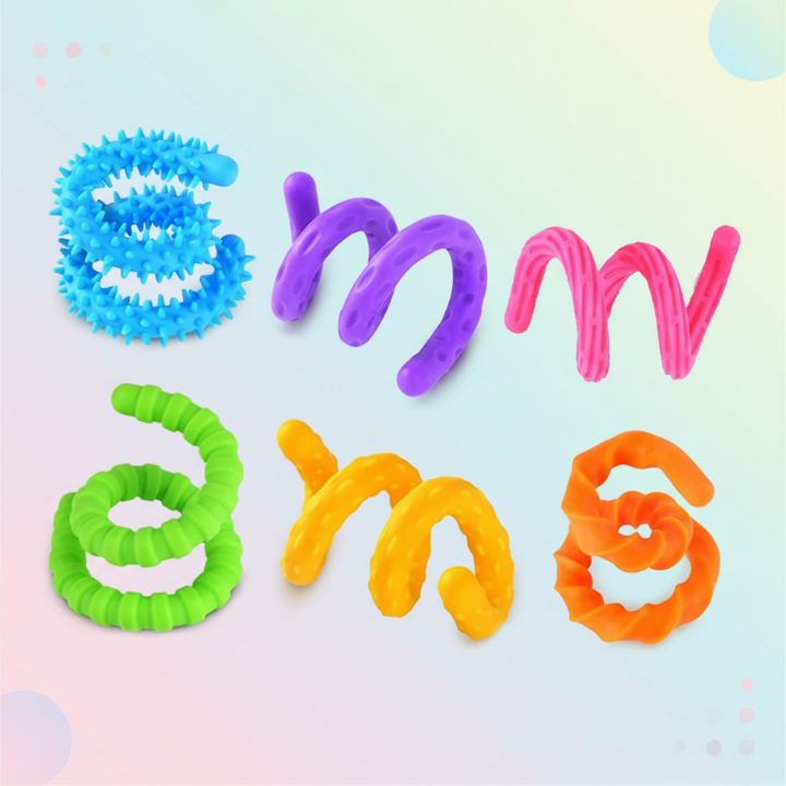 Six colorful sensory sticks bent into loops and waves to show their different textures