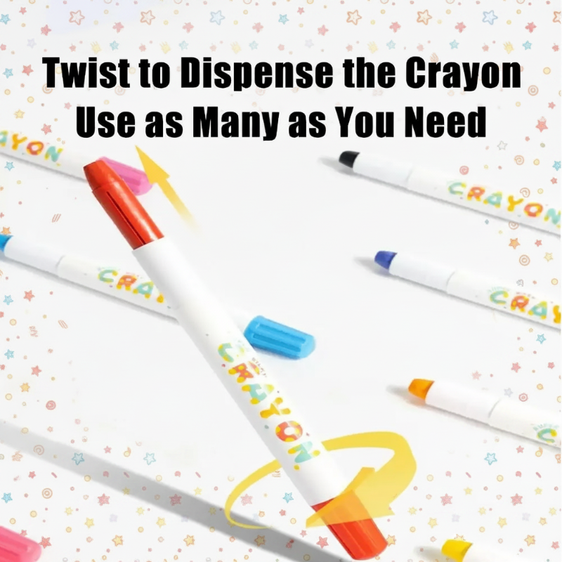 Uncapped twist-up crayons with colored tips, loose caps, and a close-up of the twist end