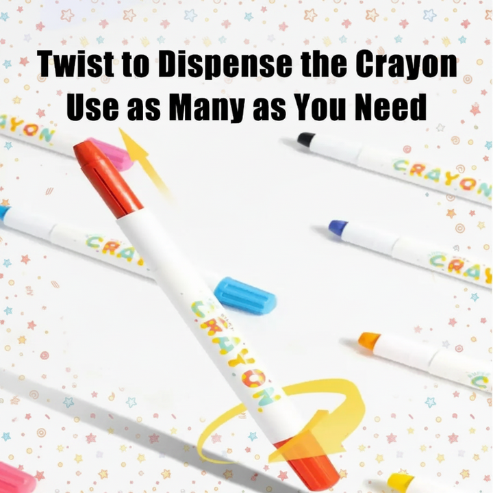 Uncapped twist-up crayons with colored tips, loose caps, and a close-up of the twist end