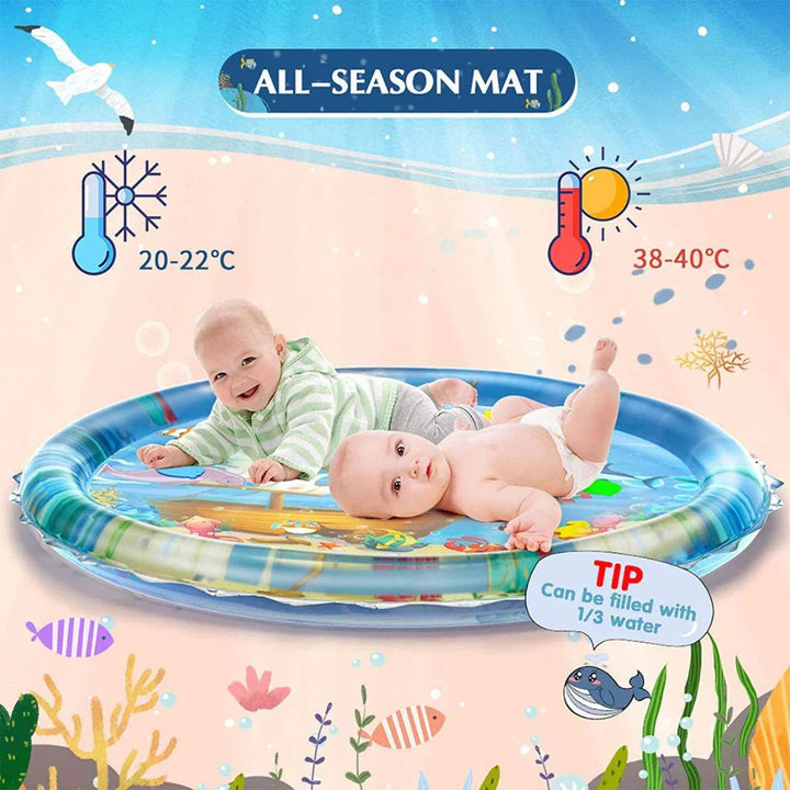 Two babies lying on an ocean-themed water mat in a seasonal play graphic