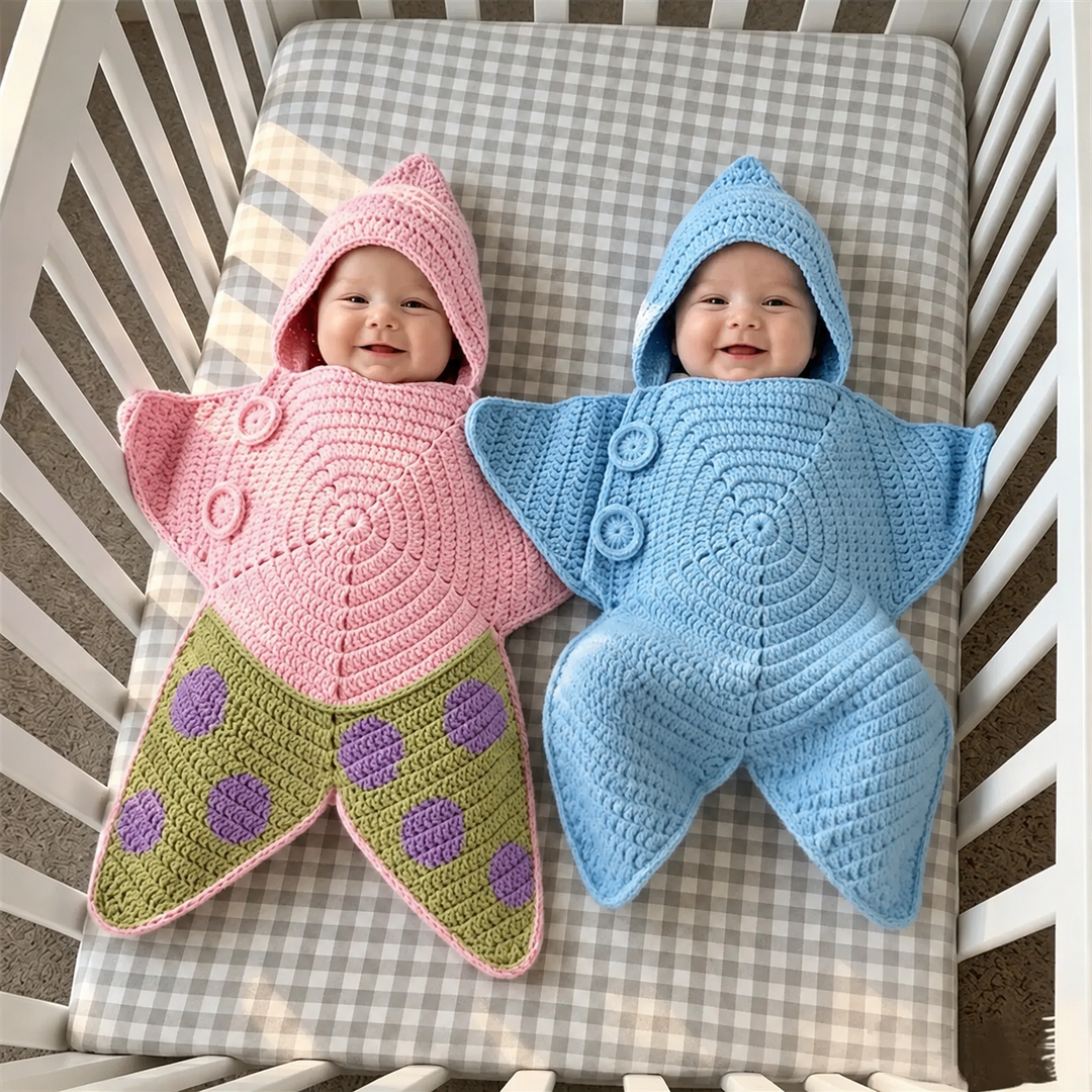 Two babies wearing pink-and-green and blue hooded star-shaped knit jumpsuits