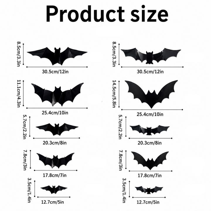 Size chart showing two bat styles in five sizes with widths from 12.7 to 30.5 cm