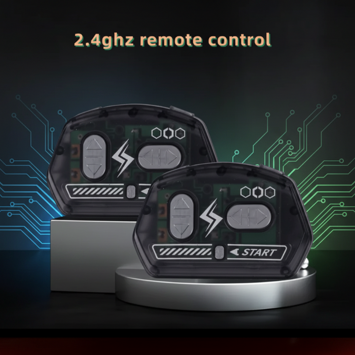 Two black handheld RC controllers with gray directional buttons